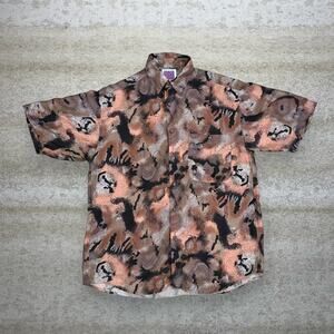 Vintage 90s Camo Shirt Mens M Pink Black Brown Button Up Collared 100% Silk One